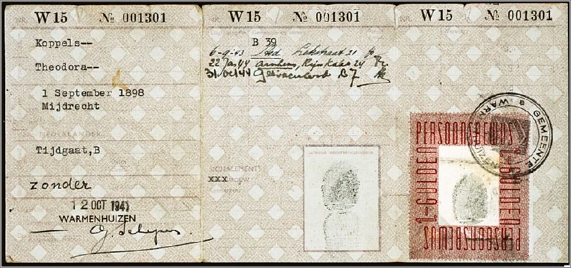 false identity card issued to Benjamina Serphos under the alias, Theodora Tijdgaat
